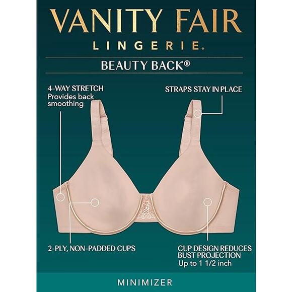 New Vanity Fair Womens 32DDD Black Beauty Back Smoothing Underwire Minimizer Bra - Picture 4 of 6